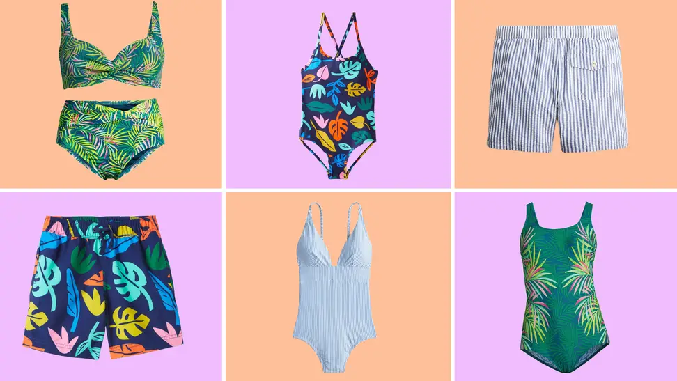 Swimsuit bottoms, tops, and one-pieces in matching prints on a colorful background