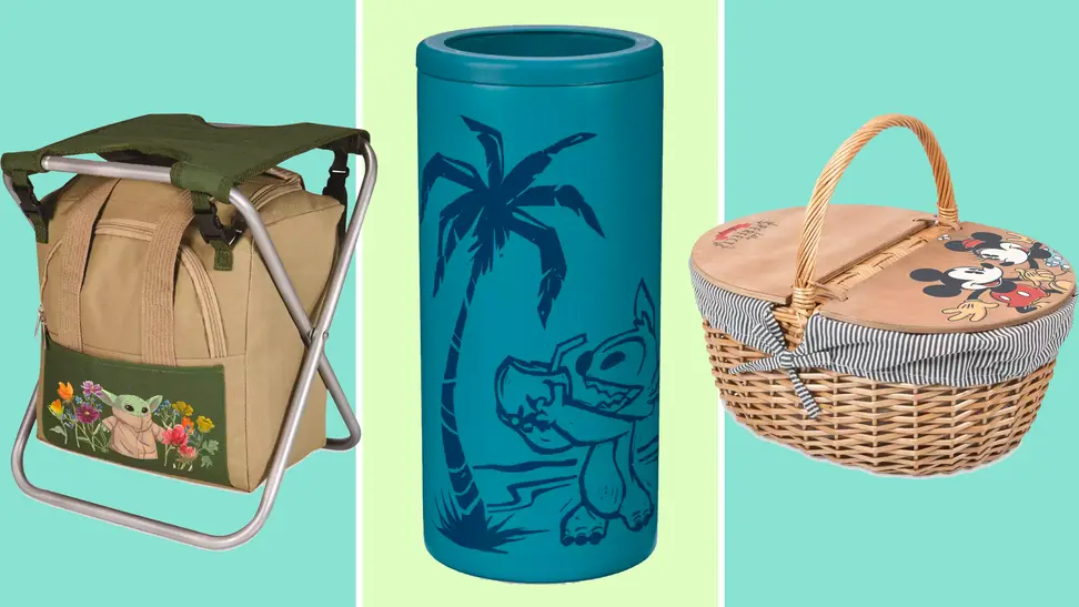Gardening set, water coozie, and a picnic table on a green background
