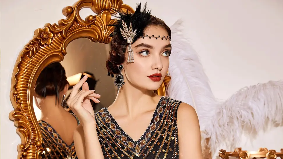 Photo of a model in a sequined flapper-style dress.