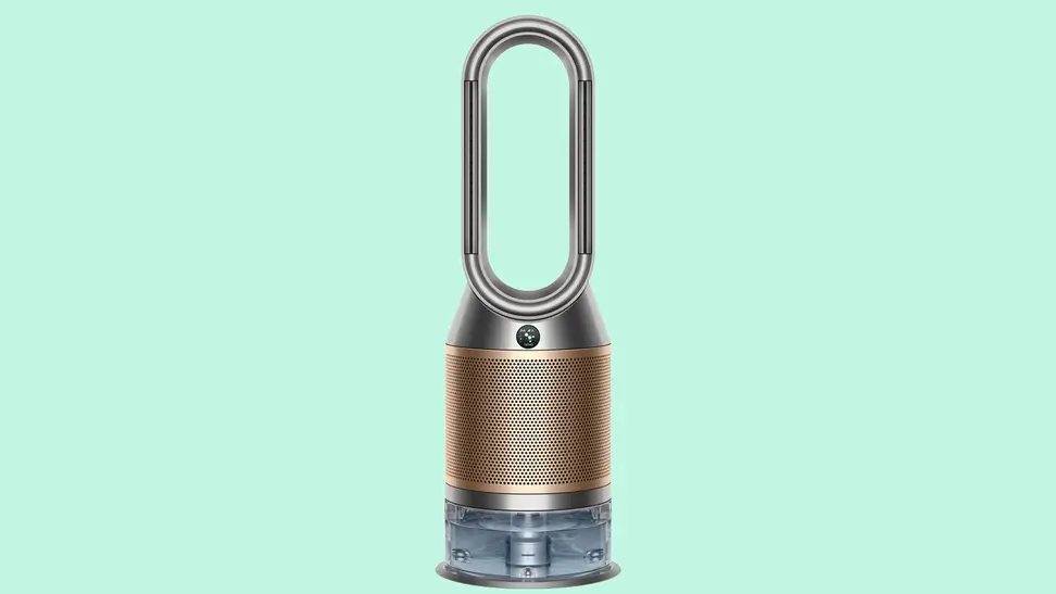 Close up of a Dyson air purifier against a green background.