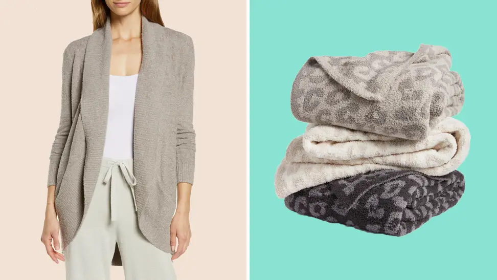 A woman wearing a grey cardigan set against a grey background on the left. A set of various grey and white towels folded against a teal background on the right.