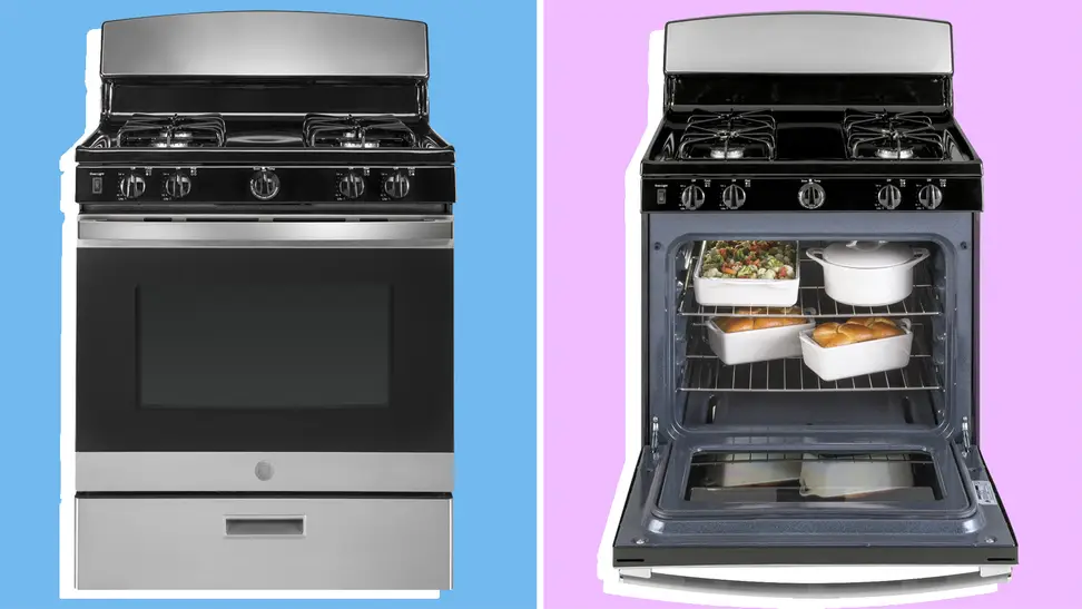 Two shots of the GE JGBS30REKSS gas range (one closed and another open with baked food inside) in front of a background.