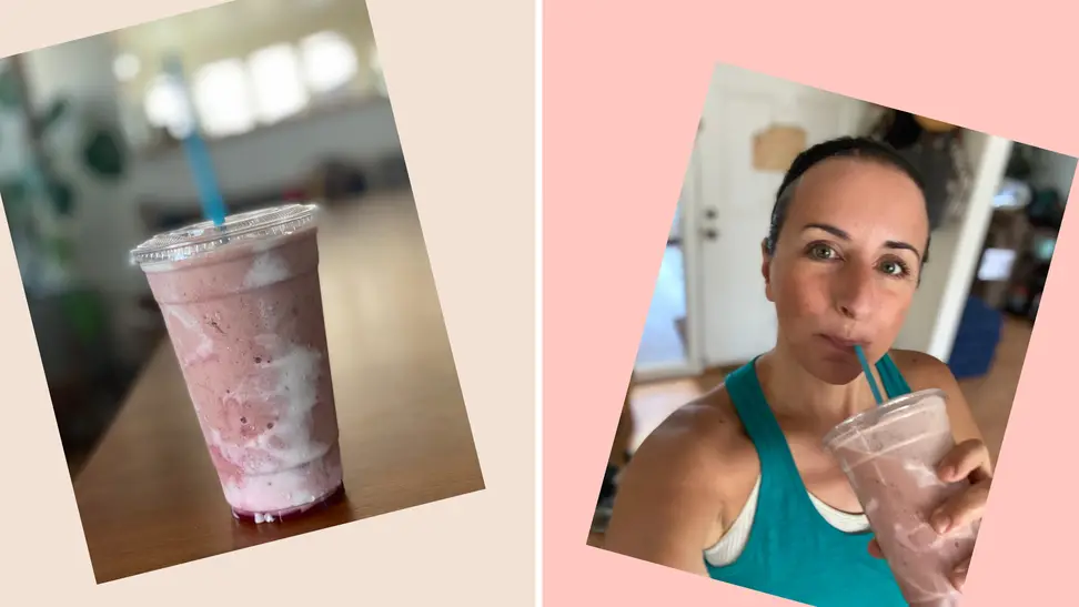On the left, the Hailey Bieber skin smoothie. On the right, Janelle Randazza drinking a smoothie.