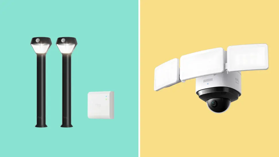 Ring Solar Pathlights next to the Eufy Floodlight Camera