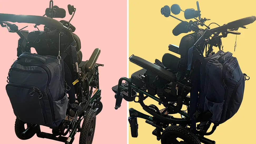 Back and side view of wheelchair with backpack attached