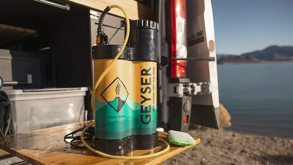 A portable camping shower before being used by a surfer.