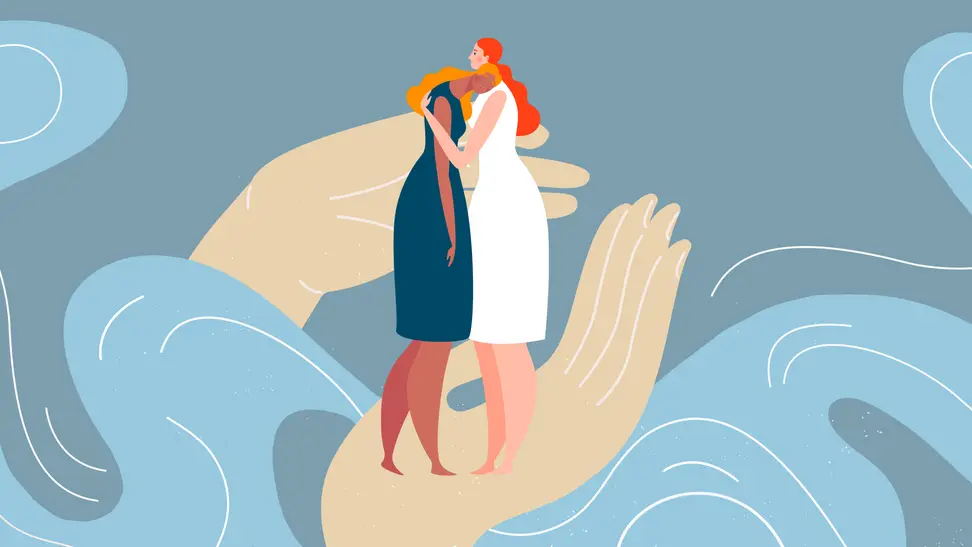 An illustration of a woman hugging another woman.