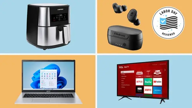 stainless steel air fryer, tv, black wireless ear buds, laptop