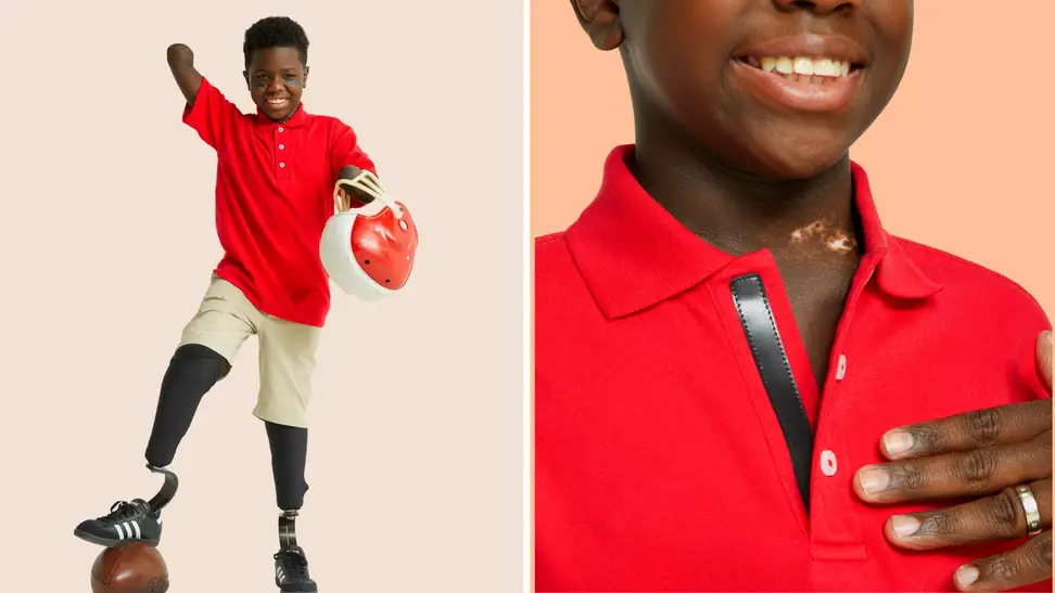 On left, young person rests prosthetic leg on football. On right, closeup of hook and loop closure on red polo.