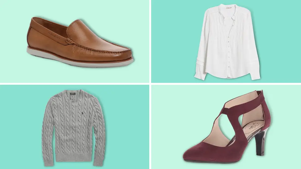 Grey sweater/Maroon heels, white button down shirt, brown loafers