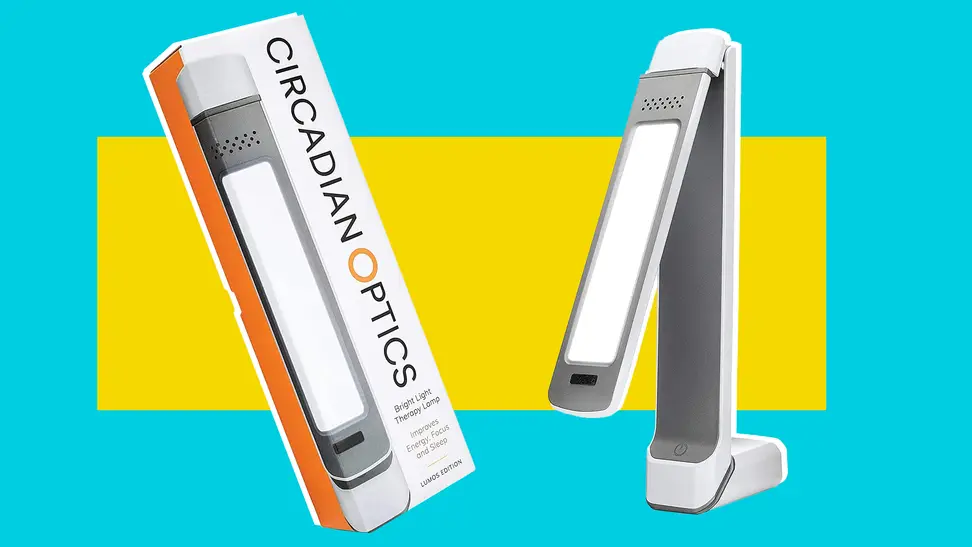 Product shots of the Circadian Optics Light Therapy Lamp in front of blue and yellow background.
