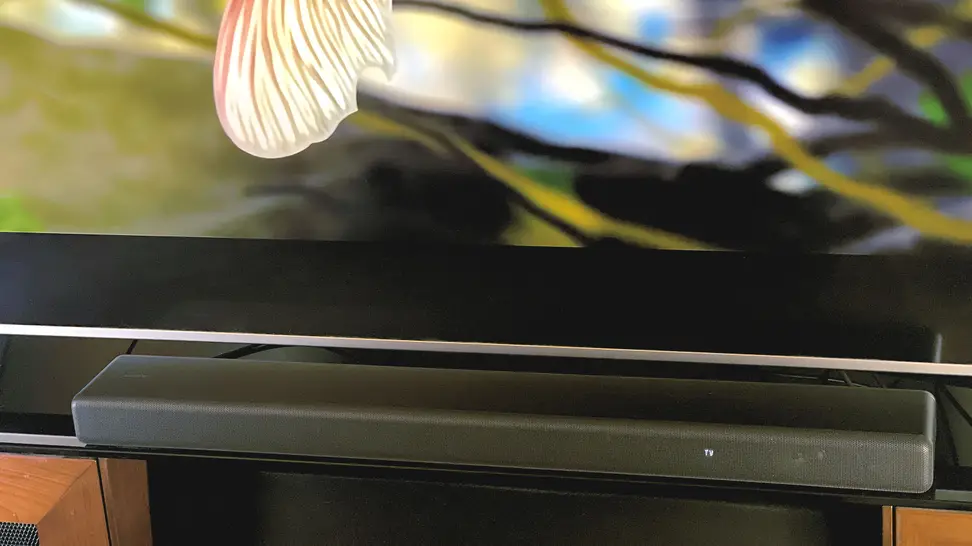 Sony HT-A3000 soundbar in front of television.