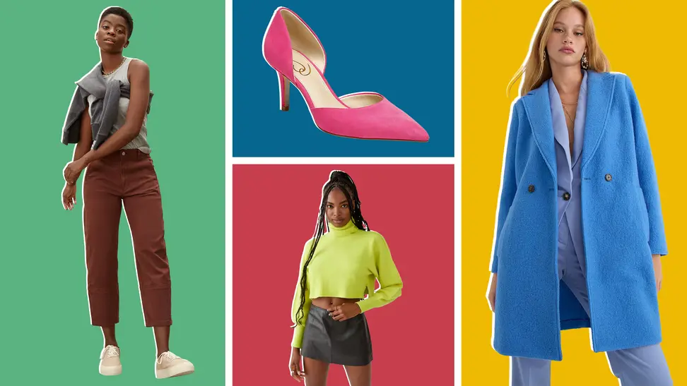 Collage image featuring warm cinnamon Everlane pants, hot pink Viv d'Orsay pumps, lime green Urban Outfitters top, and a pacific blue J. Crew Coat.