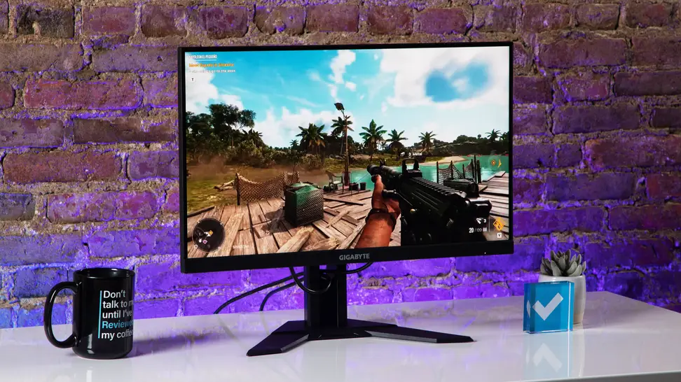 The Gugabyte G24F 2 displaying a first person shooter video game.
