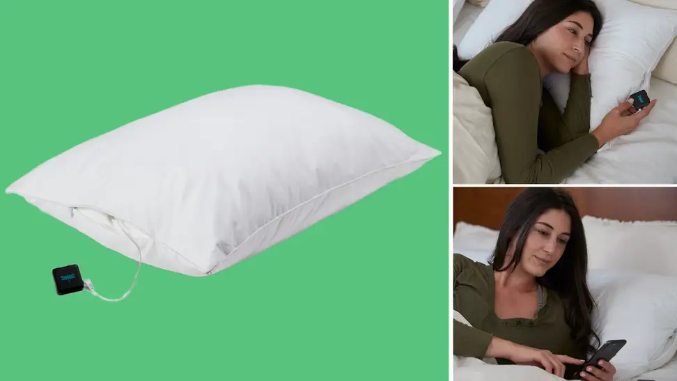 On left, white DreamPad pillow. On right person laying in bed on DreamPad pillow while using cell phone.