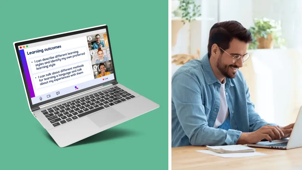 A laptop showing Lingoda, a man using a laptop.
