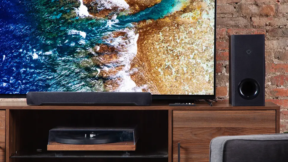The Yamaha SR-C30A Soundbar in front of a TV.