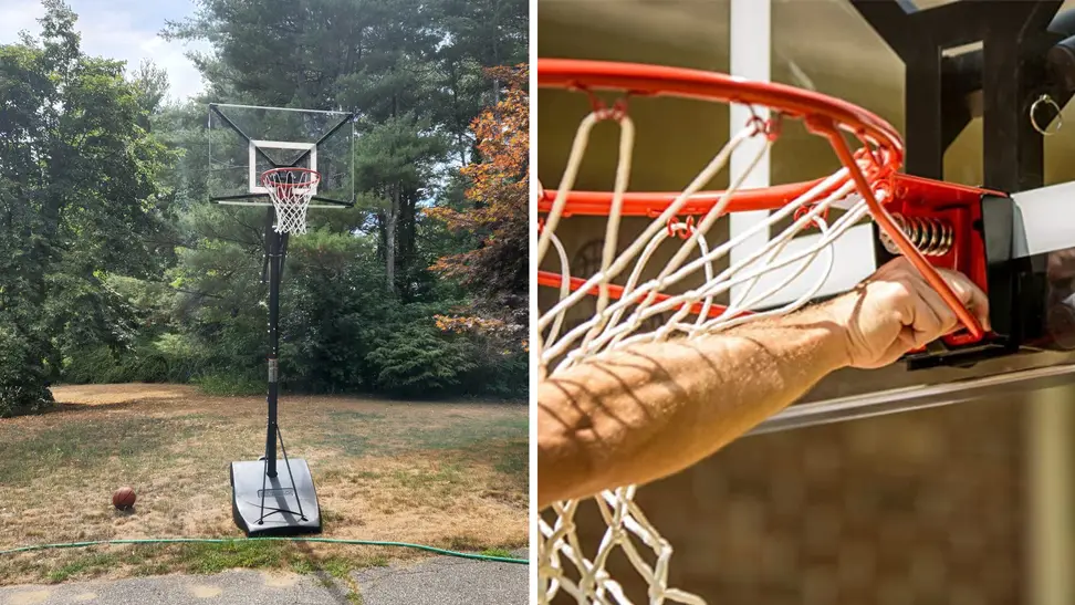 basketball hoop in yard and close up of adjustable hoop