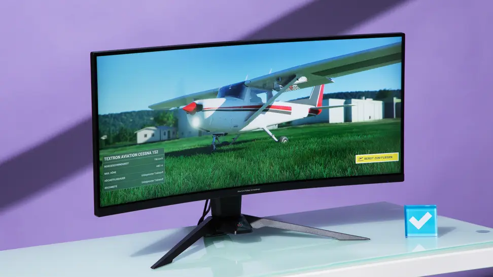 A video game still showing a plane on the screen of the ASRock Phantom Gaming PG34WQ15R2B.