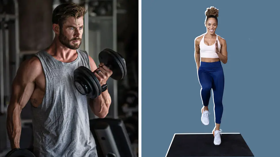 Chris Hemsworth performing bicep curls with a set of dumbbells.