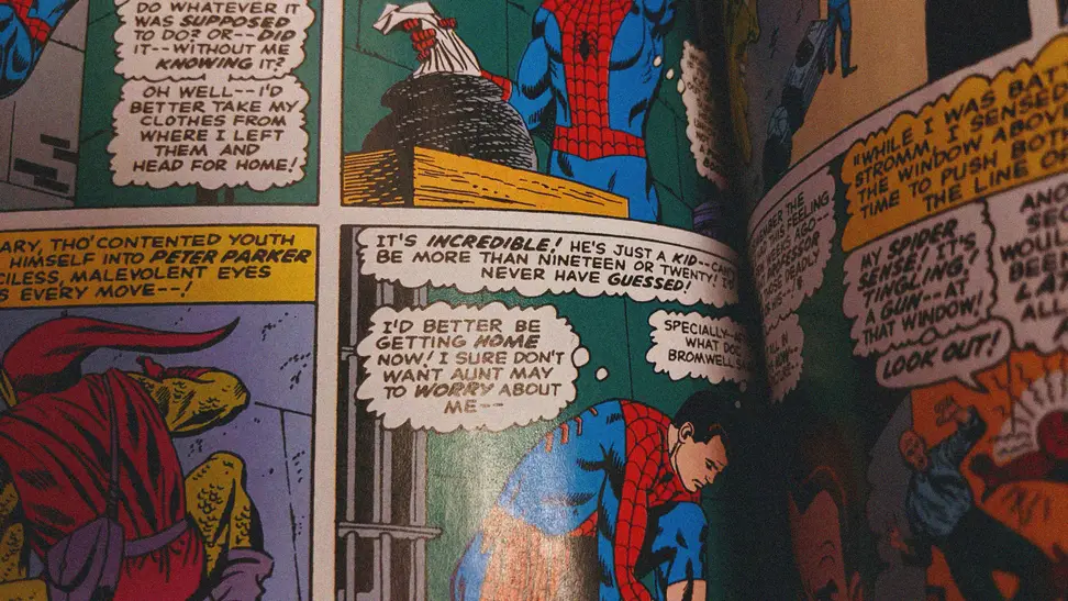 In a vintage comic book, a couple criminals spot Spider-Man without his mask on. “I’d better be getting home now!” Spidey’s saying. “I sure don’t want Aunt May to worry about me.”