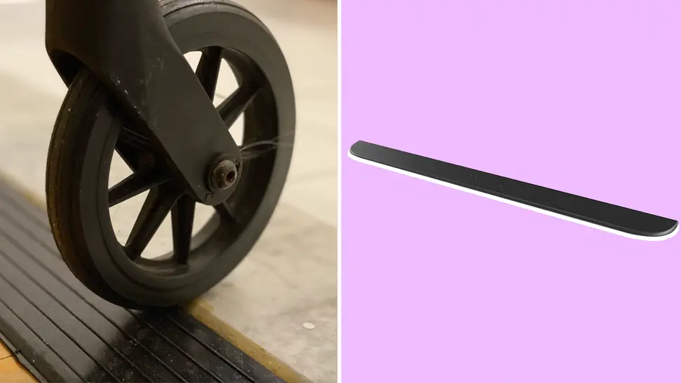 On left, wheel of wheelchair rolling over Rampit Empower Series Rubber Threshold Ramp. On right, product shot of the Rampit Empower Series Rubber Threshold Ramp.