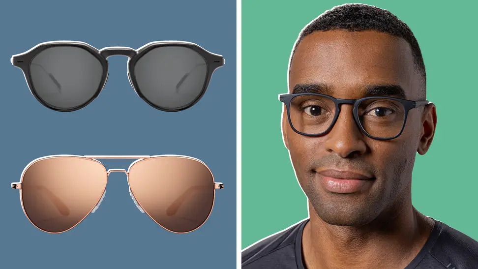 On left, product shots of persol and aviator sunglasses from Roka. On right, model smiling while wearing eyeglasses.