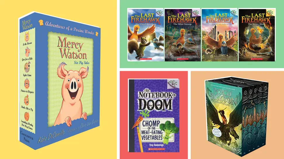Covers of assorted children's books including _Mercy Watson_, _The Last Firehawk_ series, _The Notebook of Doom_, and the _Percy Jackson_ series.