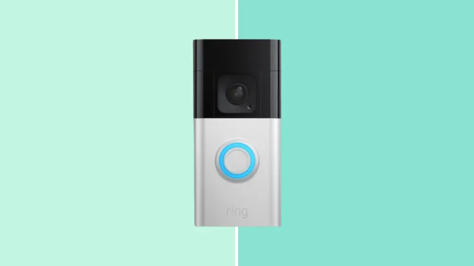 The Ring Battery Plus Video Doorbell on a green background