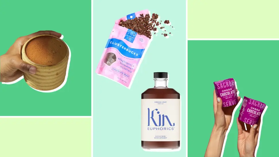 Variety of different brands of adaptogens on a green background