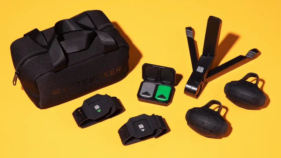 Product shot of the Liteboxer Go products and small travel bag.