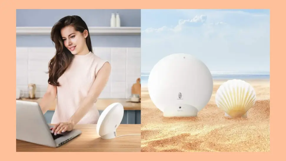 On left, woman smiling while using laptop computer and light therapy lamp. On right, light therapy lamp next to clam on beach for size comparison.