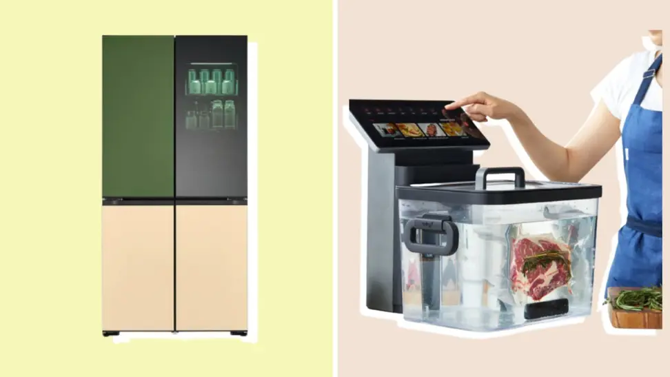 On left, product shot of the olive green and tan Samsung Bespoke refrigerator. On right, product shot of the : Typhur Sous Vide Station.