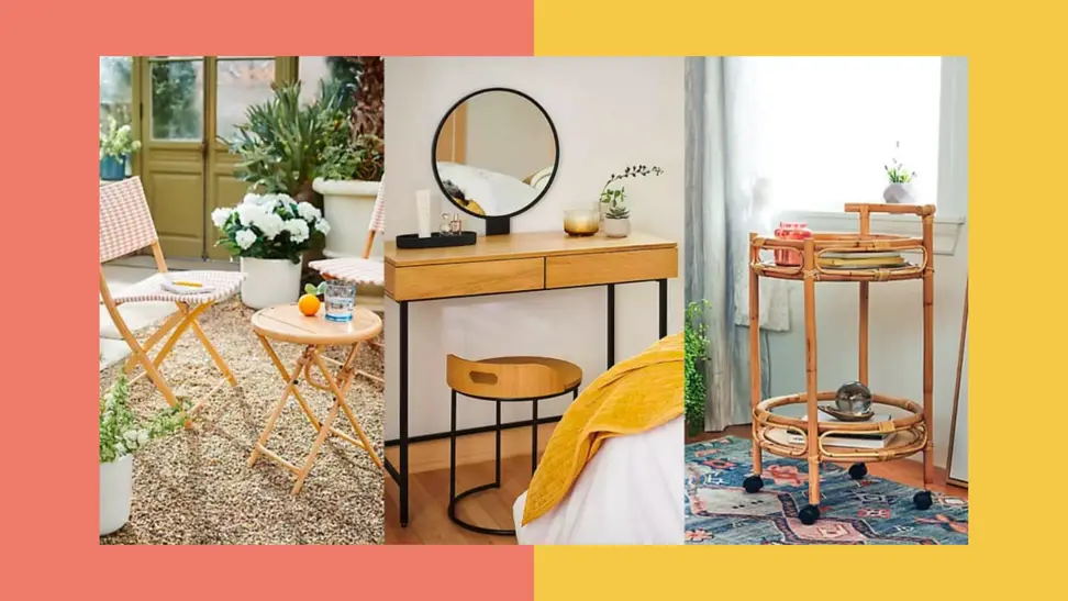 An image of a cafe table and chairs outside, alongside an image of a pale wooden vanity beneath a round mirror, alongside an image of a rattan bar cart on wheels.