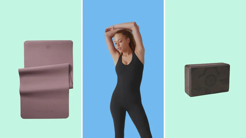 A collage that includes yoga products and a person posing.