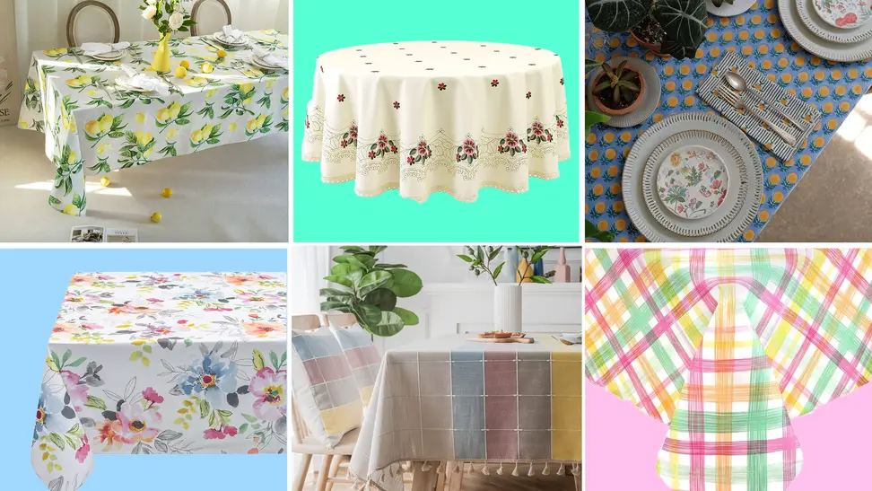 Product shots of colorful and paterned tablecloths on tables.