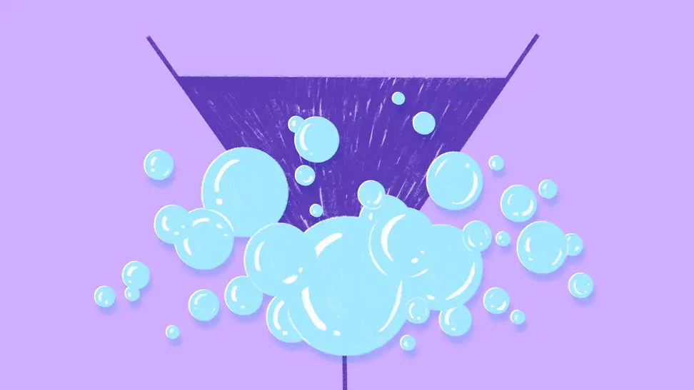 Cartoon graphic of bubbles in front of triangle.