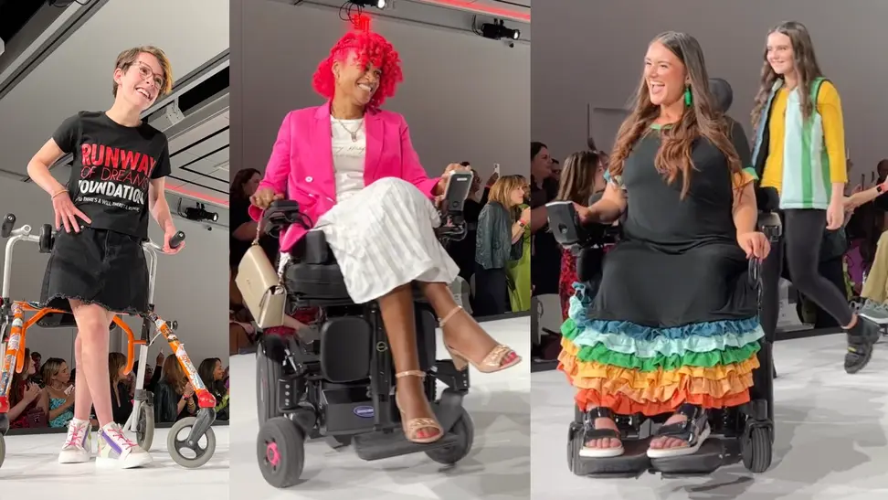 Split image of three models at the Runway of Dreams fashion show in New York City.