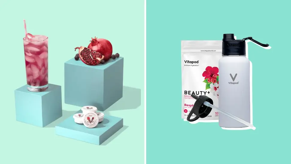 On left, glass of flavored drink next to pomegranate fruit and Vitapod pods. On right, Vitapod water bottle and drink mix.