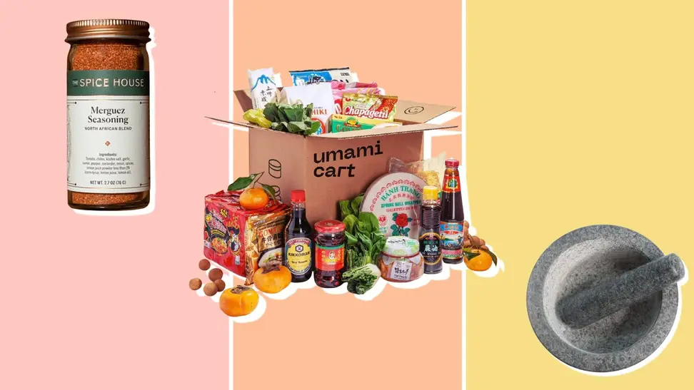 On left, Spice House jar of Merguez. In middle, box of assorted groceries from Umamicart. On right, product shot of Mortar and pestle from Frieling.