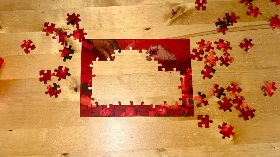 Partially finished puzzle showing two hands reaching in from the edges.