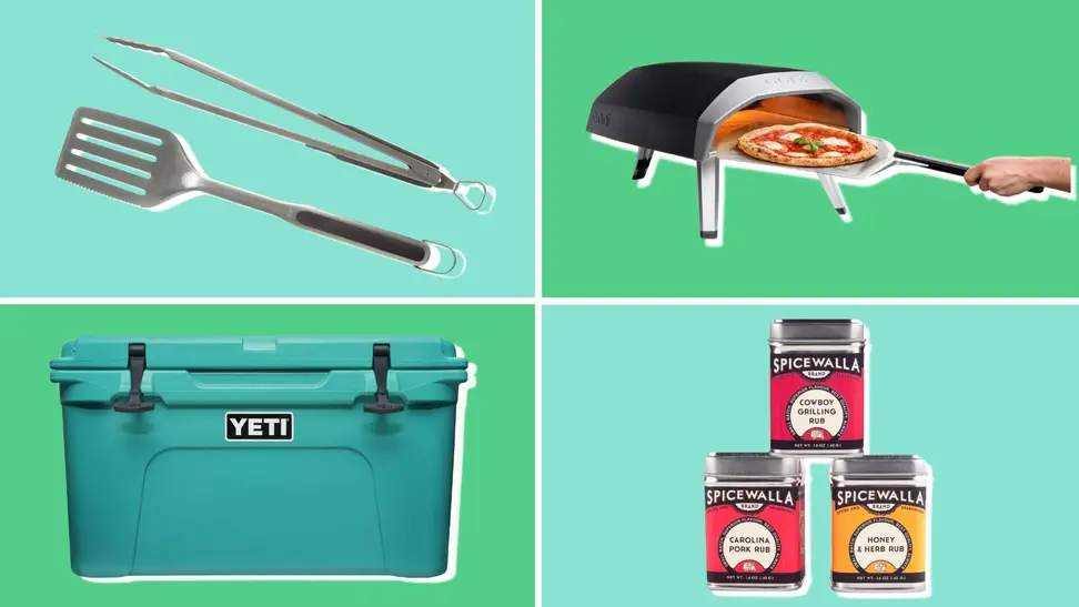 A variety of barbecue essentials, such as, tongs, a Yeti cooler, spices, and a pizza oven all on a green and teal background.