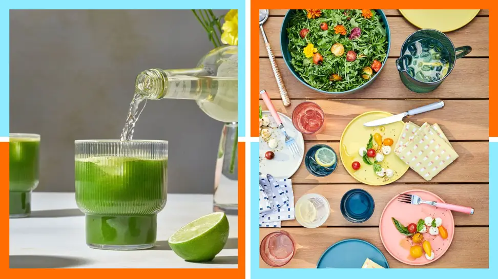 One side has a green cocktail being poured into beveled acrylic glasses. The other has a full spread on pastel-colored melamine plates.