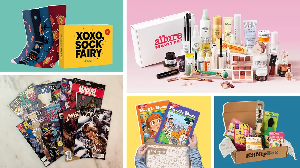 Product shots the of Foot Cardigan Fun Sock Box, the Allure Beauty Box, the Comic Garage Super Box, the Highlights Puzzle Club Box and the KitNipBox subscription services.
