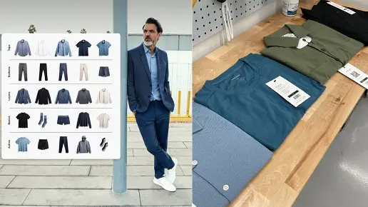 Side-by-side picture of a man dressed in a suit and new clothing on a workbench