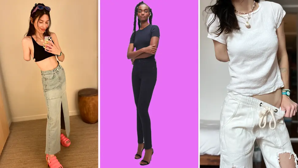 On left, person wearing ankle-length denim skirt. In middle, model wearing blame denim jeans. On right, person wearing drawstring denim pants.