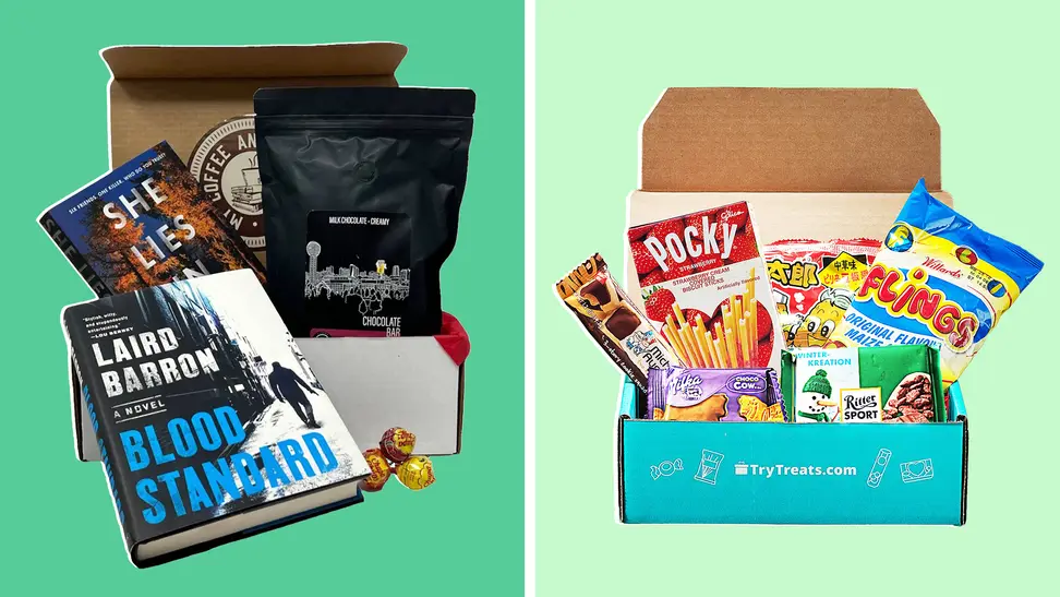 A My Coffee And Book Club box next to a Try Treats box that is filled with a variety of candies on a green background.