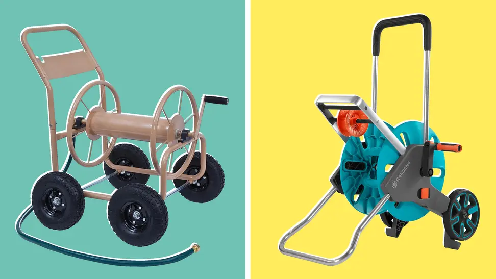 Product shots of the Liberty Garden Industrial Garden Hose Reel Cart and the Gardena Frostproof Hose Cart with Built-in Hose Guide.