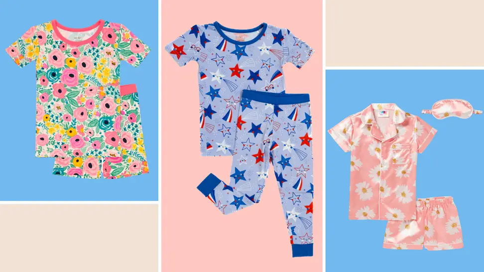 Three sets of kids' pajamas on a blue, pink, and beige background