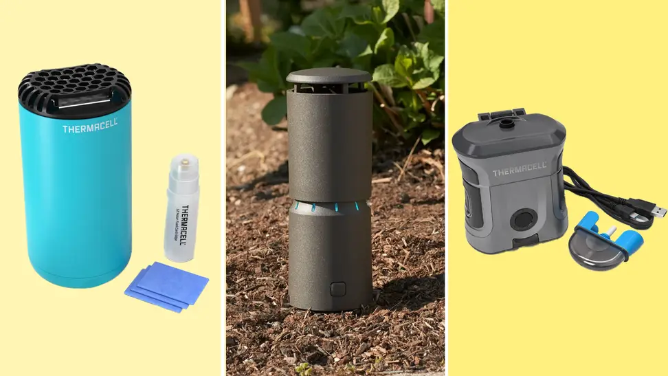 On left, product shot of Patio Shield Mosquito Repeller. In middle, Thermacell LIV System on top of mulch outdoors. On right, product shot of the EX55 Rechargeable Mosquito Repeller.